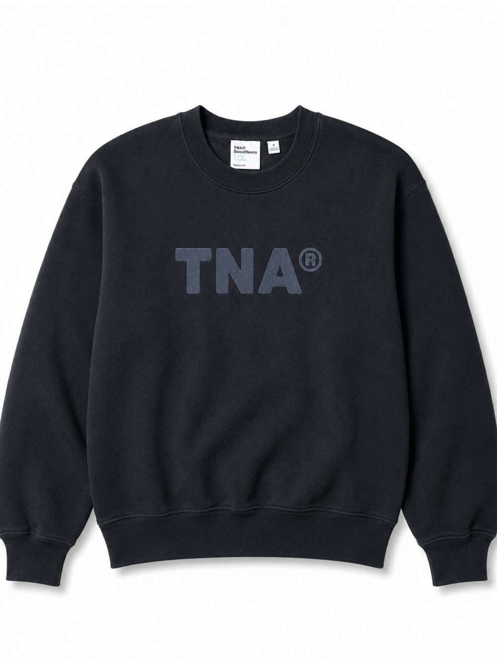 Aritzia TNA Cozy Fleece Perfect Crewneck Sweatshirt Black Tonal Logo Small
